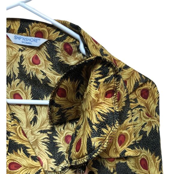 SHIP'N SHORE Woman Shirt Peacock Feather Print Gold Red Black Patterned - Picture 9 of 12
